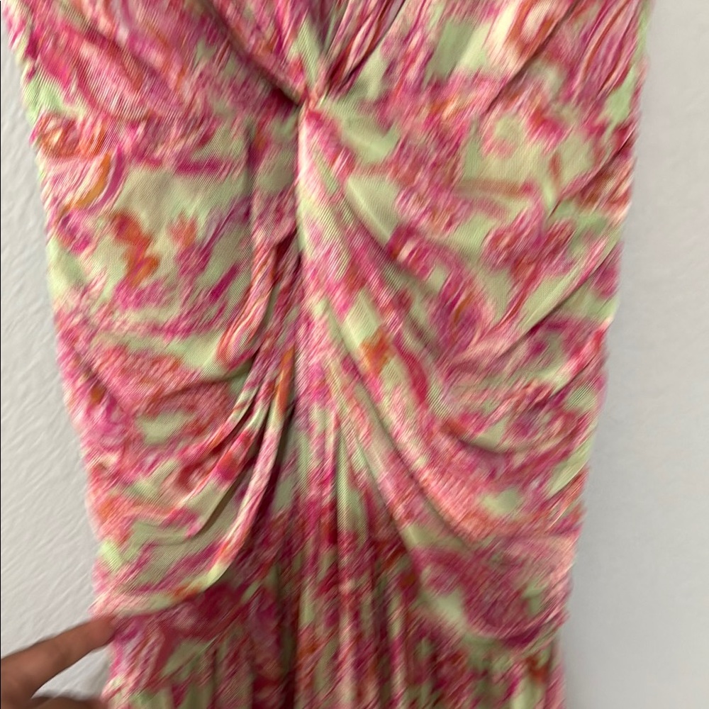 Misa Los Angeles Ava Floral Pink and green paisley gathered ruched stretch Dress - Picture 6 of 9